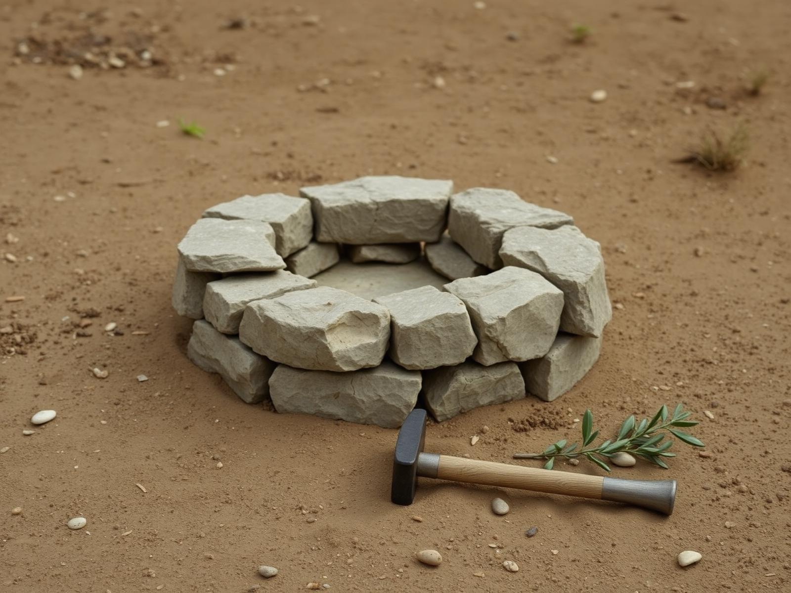 An altar built from rough uncut fieldstones, an iron hammer set aside unused
